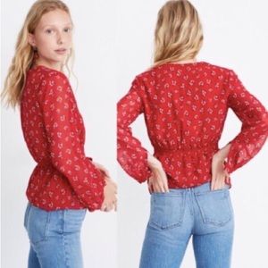 MADEWELL Small Floral Half Button V Neck Long Sleeve Peplum Blouse Red